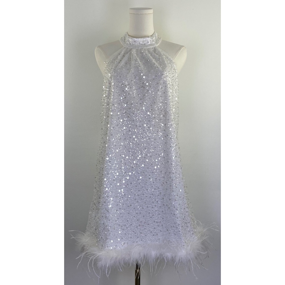 12th Tribe Sequin Feather Mini Dress Womens XL White Halter Bridal Party Glam